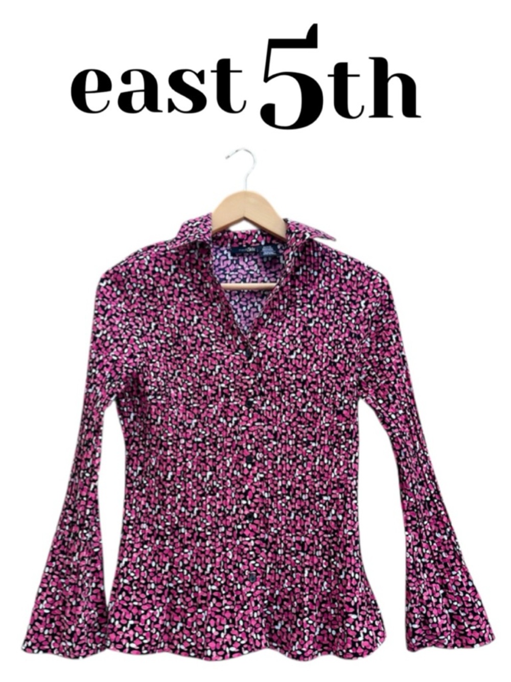 EAST 5TH Bell Sleeve Button Down Top Pleated Pink Black Ovals Stretch Petite M